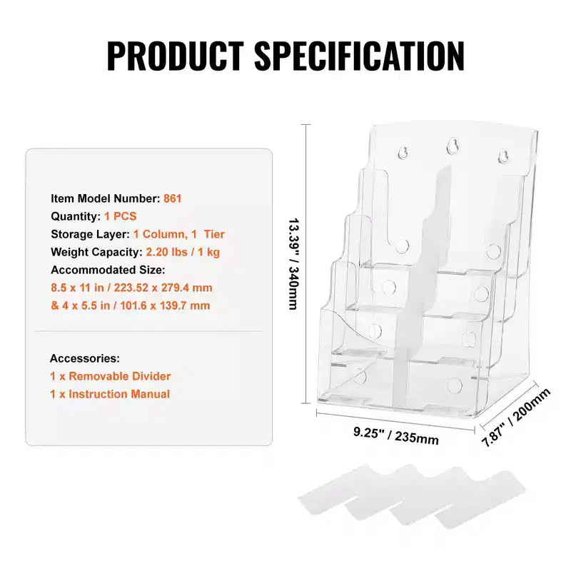 Présentoir à brochures VEVOR en acrylique 21,6 x 27,9 cm, présentoir de documentation en acrylique transparent à 4 niveaux, support de flyers en plastique