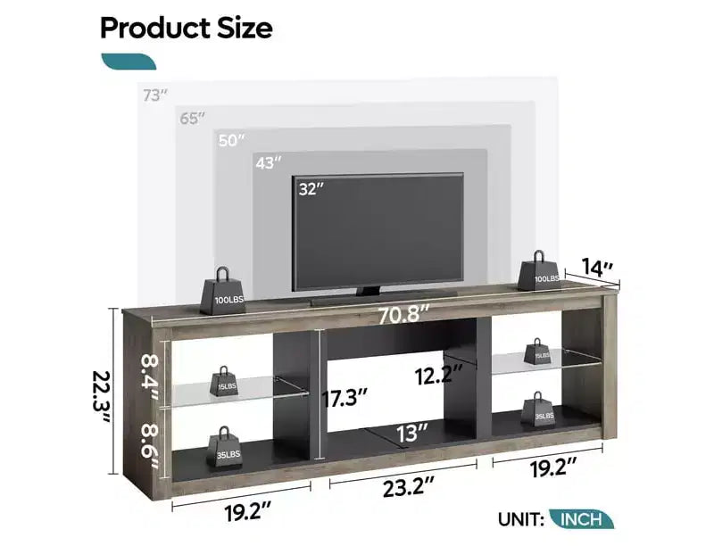 Meuble TV 71 Bestier, meuble de divertissement moderne pour téléviseurs jusqu'à 75 pouces avec éclairage LED, table console TV avec étagères de rangement pour salon