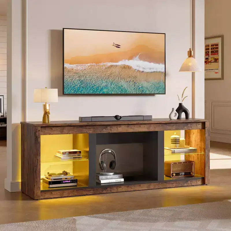 Meuble TV 71 Bestier, meuble de divertissement moderne pour téléviseurs jusqu'à 75 pouces avec éclairage LED, table console TV avec étagères de rangement pour salon
