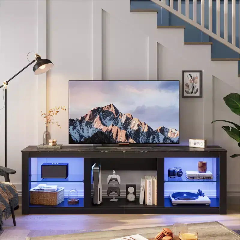 Meuble TV 71 Bestier, meuble de divertissement moderne pour téléviseurs jusqu'à 75 pouces avec éclairage LED, table console TV avec étagères de rangement pour salon