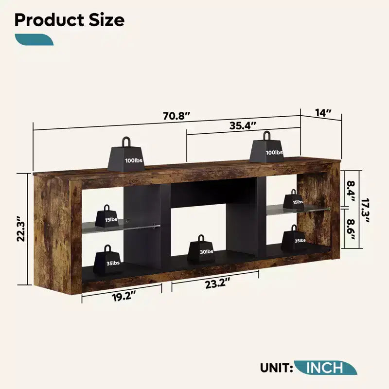 Meuble TV 71 Bestier, meuble de divertissement moderne pour téléviseurs jusqu'à 75 pouces avec éclairage LED, table console TV avec étagères de rangement pour salon