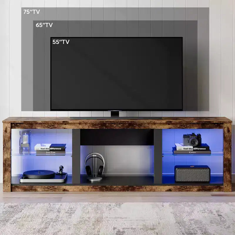 Meuble TV 71 Bestier, meuble de divertissement moderne pour téléviseurs jusqu'à 75 pouces avec éclairage LED, table console TV avec étagères de rangement pour salon