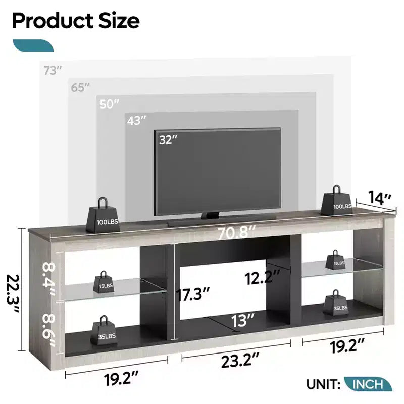 Meuble TV 71 Bestier, meuble de divertissement moderne pour téléviseurs jusqu'à 75 pouces avec éclairage LED, table console TV avec étagères de rangement pour salon