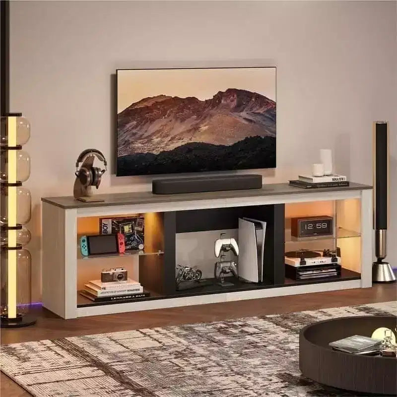Meuble TV 71 Bestier, meuble de divertissement moderne pour téléviseurs jusqu'à 75 pouces avec éclairage LED, table console TV avec étagères de rangement pour salon