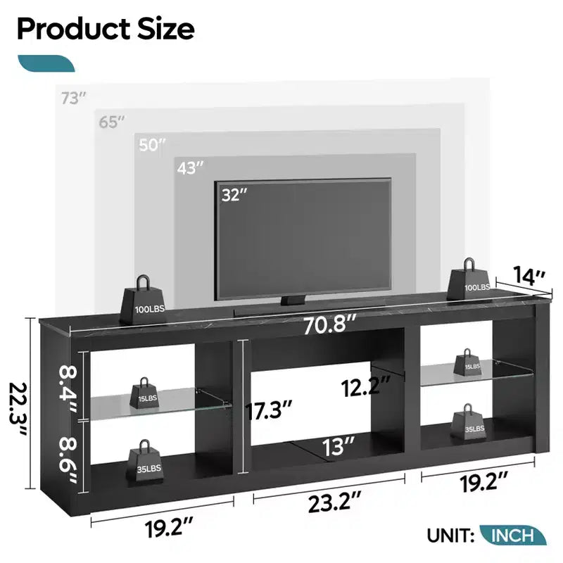 Meuble TV 71 Bestier, meuble de divertissement moderne pour téléviseurs jusqu'à 75 pouces avec éclairage LED, table console TV avec étagères de rangement pour salon