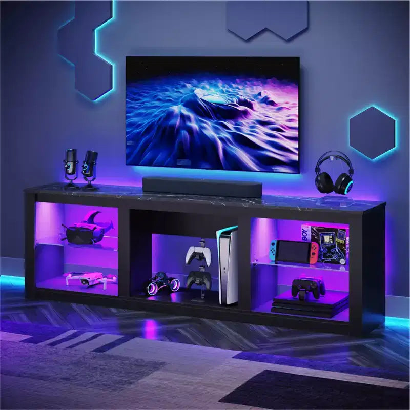 Meuble TV 71 Bestier, meuble de divertissement moderne pour téléviseurs jusqu'à 75 pouces avec éclairage LED, table console TV avec étagères de rangement pour salon