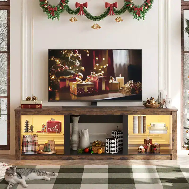 Meuble TV 71 Bestier, meuble de divertissement moderne pour téléviseurs jusqu'à 75 pouces avec éclairage LED, table console TV avec étagères de rangement pour salon