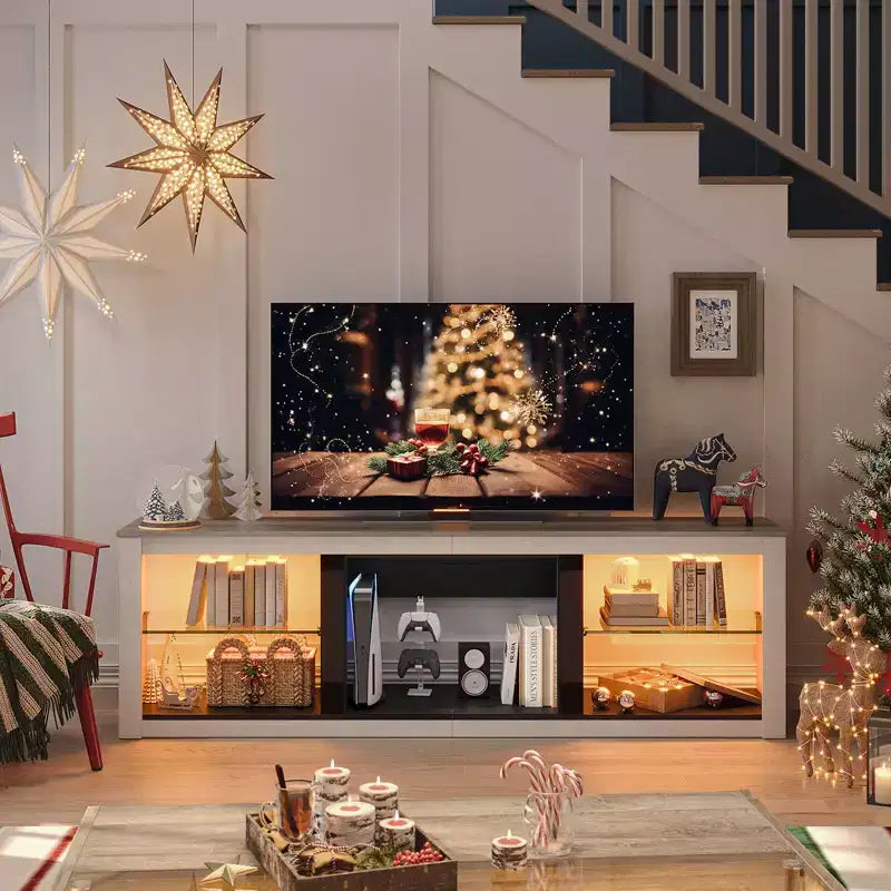 Meuble TV 71 Bestier, meuble de divertissement moderne pour téléviseurs jusqu'à 75 pouces avec éclairage LED, table console TV avec étagères de rangement pour salon