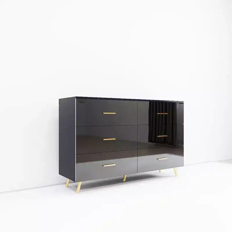 Commode Okak à 6 tiroirs avec surface très brillante, commode noire et dorée moderne, commode de rangement élégante pour chambre à coucher, salon, entrée