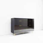 Commode Okak à 6 tiroirs avec surface très brillante, commode noire et dorée moderne, commode de rangement élégante pour chambre à coucher, salon, entrée