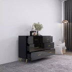 Commode Okak à 6 tiroirs avec surface très brillante, commode noire et dorée moderne, commode de rangement élégante pour chambre à coucher, salon, entrée