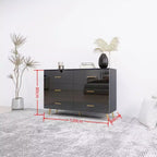Commode Okak à 6 tiroirs avec surface très brillante, commode noire et dorée moderne, commode de rangement élégante pour chambre à coucher, salon, entrée