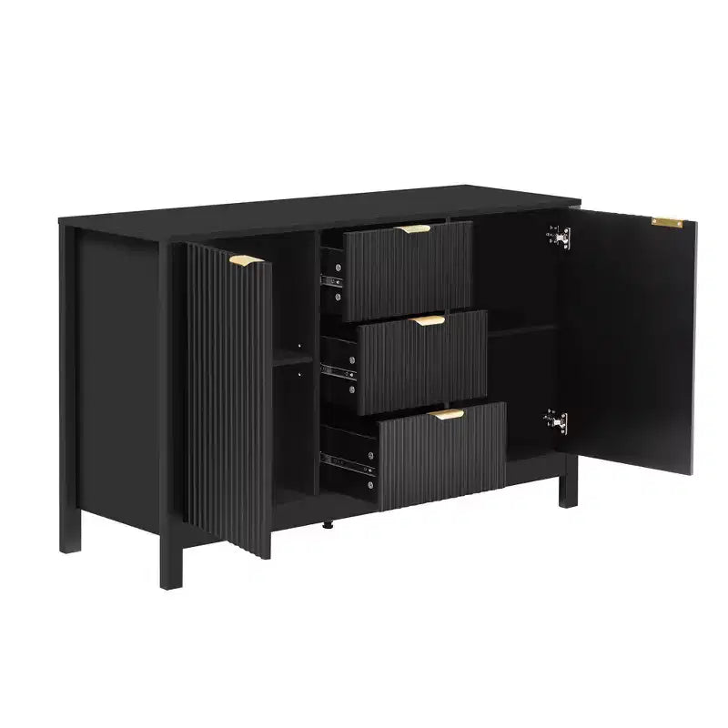 Meuble d'entrée avec motif ondulé, étagères réglables, 3 tiroirs et portes à fermeture douce, console de rangement avec poignées métalliques, adapté à la maison