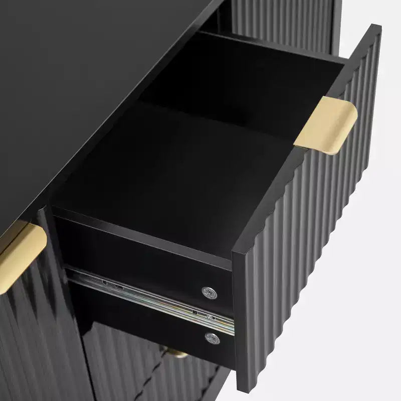 Meuble d'entrée avec motif ondulé, étagères réglables, 3 tiroirs et portes à fermeture douce, console de rangement avec poignées métalliques, adapté à la maison