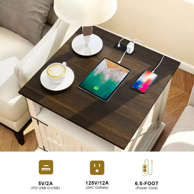 MUUEGM 24 Table d'appoint de ferme | Table de chevet rustique en bois avec station de recharge et porte de grange