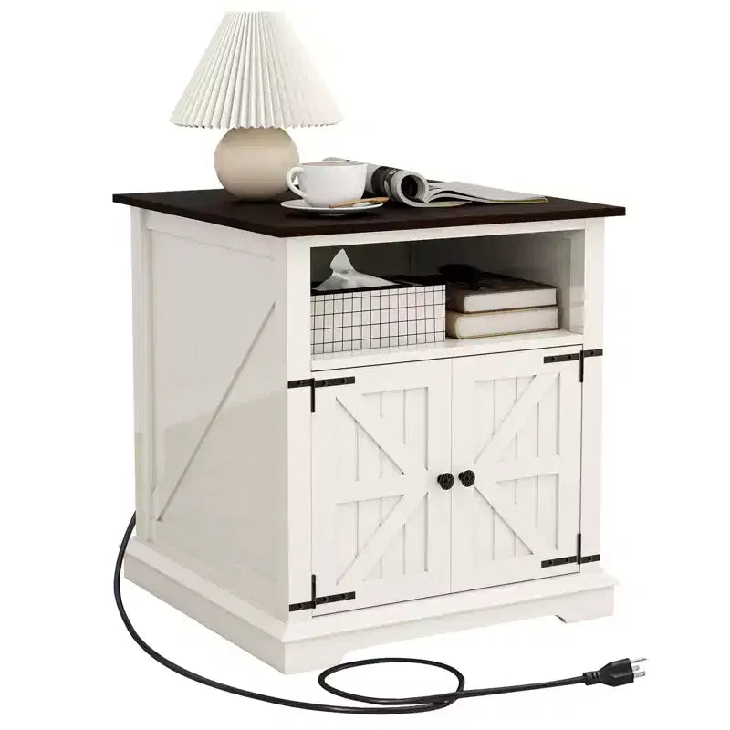 MUUEGM 24 Table d'appoint de ferme | Table de chevet rustique en bois avec station de recharge et porte de grange