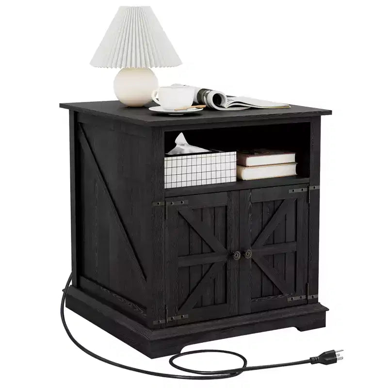 MUUEGM 24 Table d'appoint de ferme | Table de chevet rustique en bois avec station de recharge et porte de grange