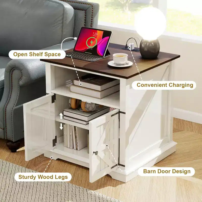 MUUEGM 24 Table d'appoint de ferme | Table de chevet rustique en bois avec station de recharge et porte de grange