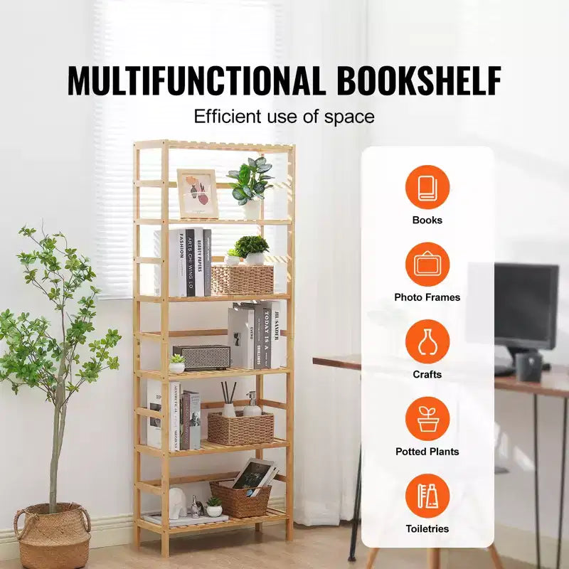 VEVOR Étagère 6 Niveaux en Bambou, Bibliothèque Ouverte en Bois, Organisateur de Rangement, Support de Fleurs sur Pied, Bibliothèque Multifonctionnelle, Naturel