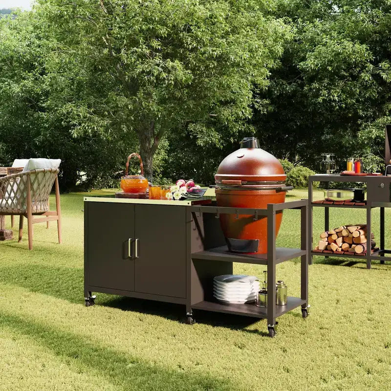 Famapy Tables à Manger d'Extérieur, Table de Barbecue avec Armoire de Rangement, Chariot de Bar en Acier Noir, Table de Cuisine