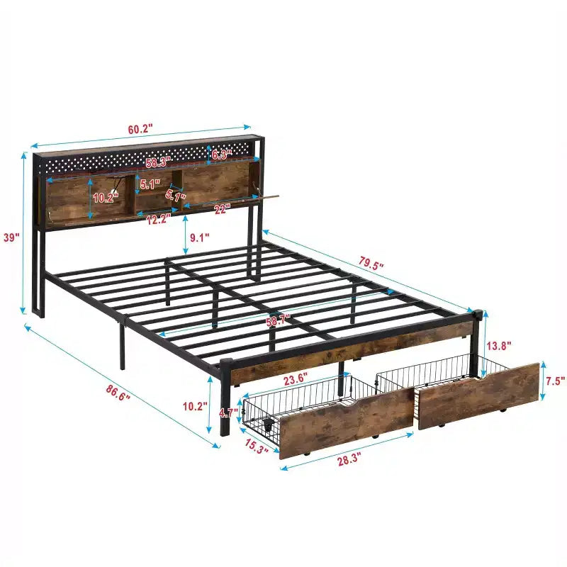 Cadre de lit en métal Okak Queen avec tête et pied de lit en bois, cadre de lit plateforme avec station de recharge USB, lumières LED pour chambre, noir et marron