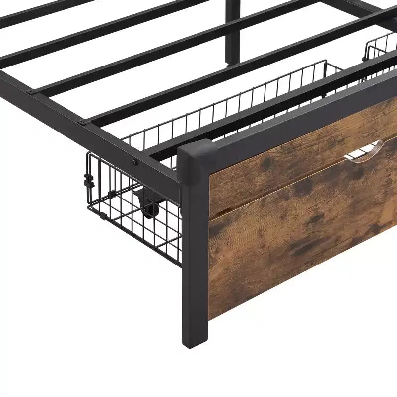 Cadre de lit en métal Okak Queen avec tête et pied de lit en bois, cadre de lit plateforme avec station de recharge USB, lumières LED pour chambre, noir et marron