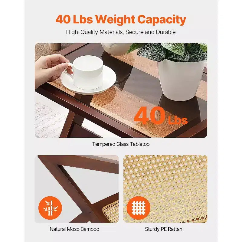 VEVOR Table Basse en Rotin, Table Basse en Bambou Tressé en Rotin en Forme de Z avec Plateau en Verre Trempé, Table Basse de Rangement Bohème Moderne de 20 po avec Pieds en Bambou