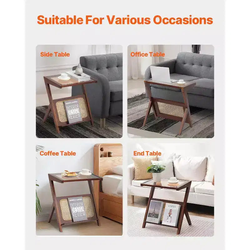 VEVOR Table Basse en Rotin, Table Basse en Bambou Tressé en Rotin en Forme de Z avec Plateau en Verre Trempé, Table Basse de Rangement Bohème Moderne de 20 po avec Pieds en Bambou