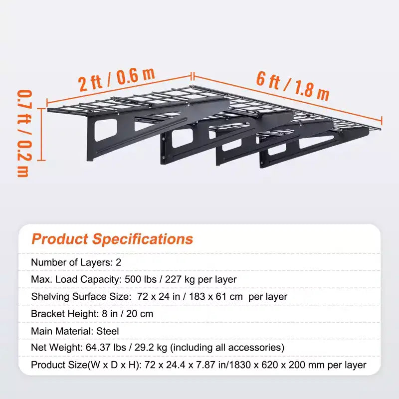 Étagères de rangement de garage VEVOR, lot de 2, étagères de garage murales robustes de 1,8 x 0,6 m, capacité de charge de 453 kg (total)