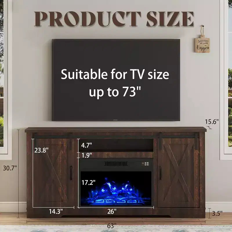 Meuble TV AMERLIFE avec cheminée et porte coulissante style grange pour téléviseurs jusqu'à 73 pouces, meuble de divertissement avec cheminée style ferme 63 pouces