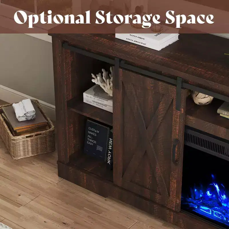 Meuble TV AMERLIFE avec cheminée et porte coulissante style grange pour téléviseurs jusqu'à 73 pouces, meuble de divertissement avec cheminée style ferme 63 pouces
