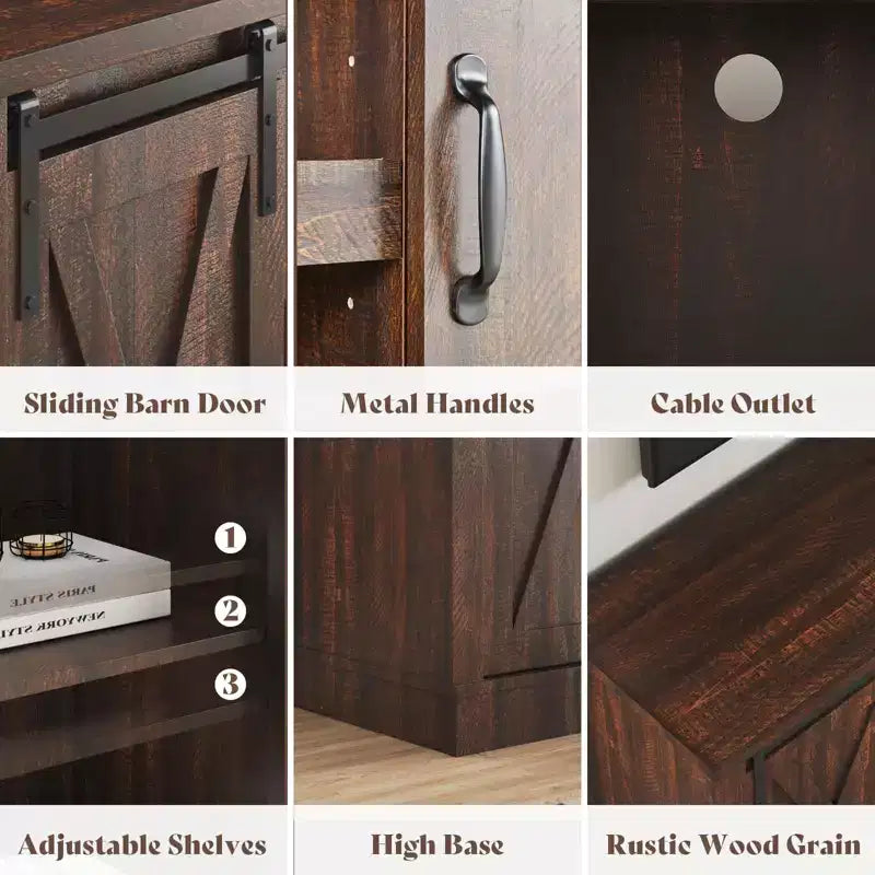 Meuble TV AMERLIFE avec cheminée et porte coulissante style grange pour téléviseurs jusqu'à 73 pouces, meuble de divertissement avec cheminée style ferme 63 pouces