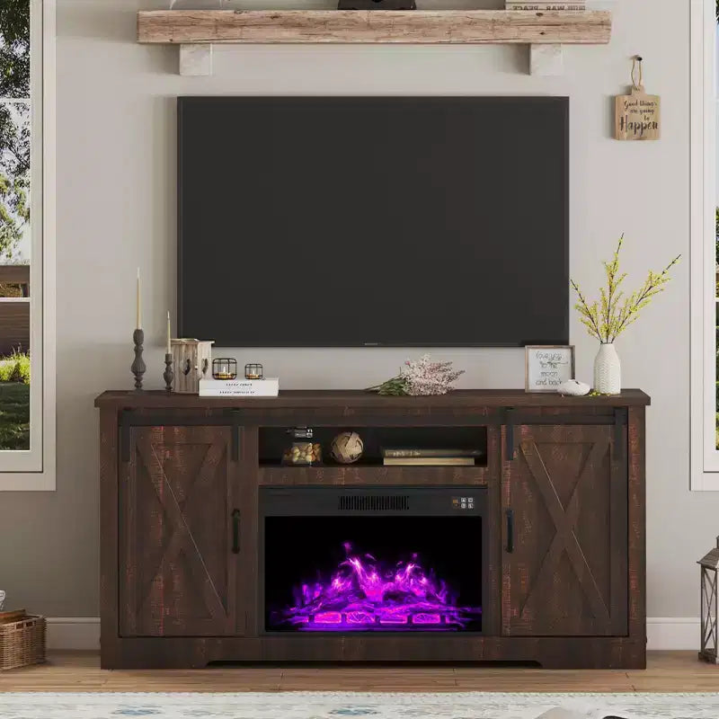 Meuble TV AMERLIFE avec cheminée et porte coulissante style grange pour téléviseurs jusqu'à 73 pouces, meuble de divertissement avec cheminée style ferme 63 pouces