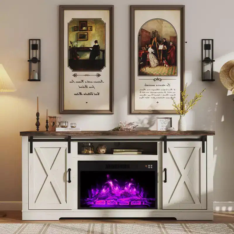 Meuble TV AMERLIFE avec cheminée et porte coulissante style grange pour téléviseurs jusqu'à 73 pouces, meuble de divertissement avec cheminée style ferme 63 pouces