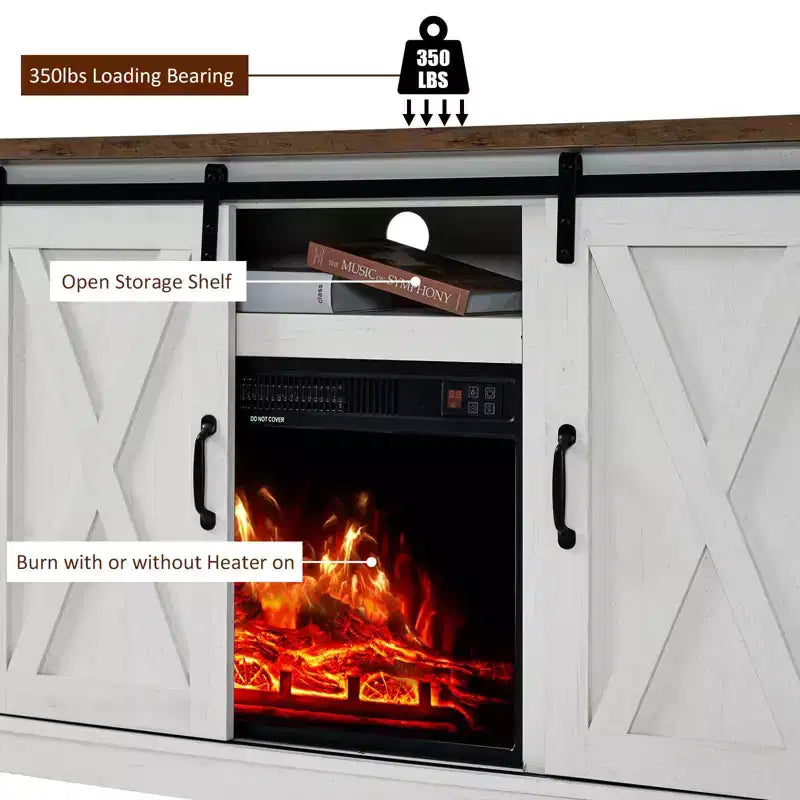Meuble TV AMERLIFE avec cheminée et porte coulissante style grange pour téléviseurs jusqu'à 73 pouces, meuble de divertissement avec cheminée style ferme 63 pouces