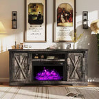 Meuble TV AMERLIFE avec cheminée et porte coulissante style grange pour téléviseurs jusqu'à 73 pouces, meuble de divertissement avec cheminée style ferme 63 pouces