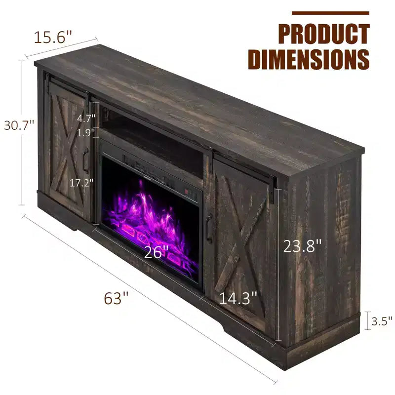 Meuble TV AMERLIFE avec cheminée et porte coulissante style grange pour téléviseurs jusqu'à 73 pouces, meuble de divertissement avec cheminée style ferme 63 pouces