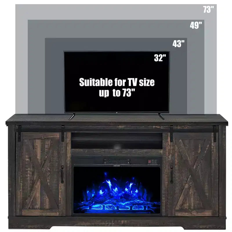 Meuble TV AMERLIFE avec cheminée et porte coulissante style grange pour téléviseurs jusqu'à 73 pouces, meuble de divertissement avec cheminée style ferme 63 pouces