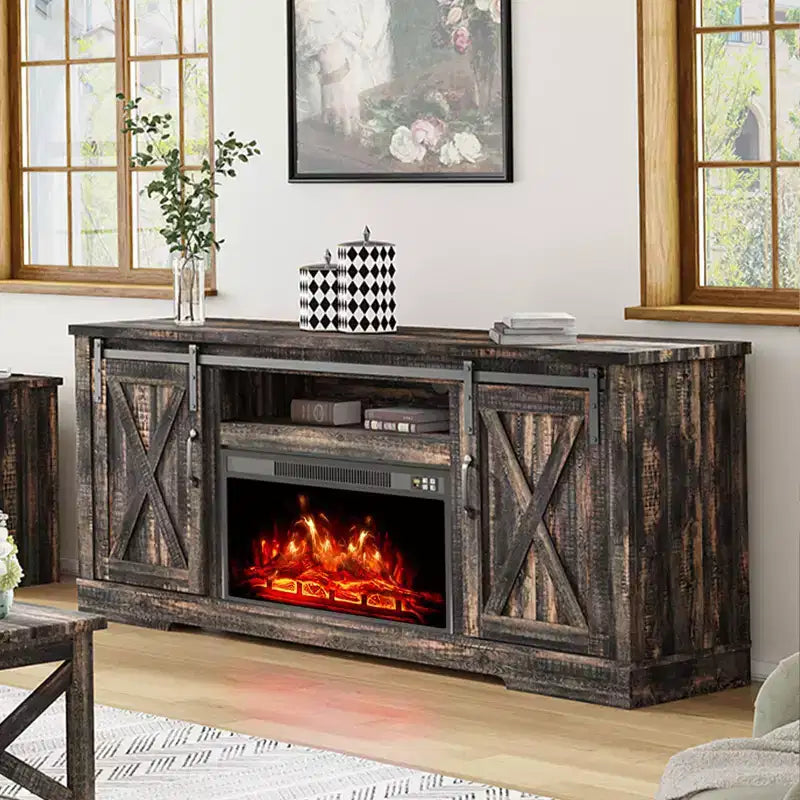 Meuble TV AMERLIFE avec cheminée et porte coulissante style grange pour téléviseurs jusqu'à 73 pouces, meuble de divertissement avec cheminée style ferme 63 pouces