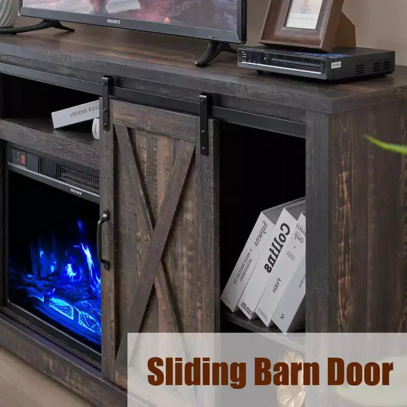 Meuble TV AMERLIFE avec cheminée et porte coulissante style grange pour téléviseurs jusqu'à 73 pouces, meuble de divertissement avec cheminée style ferme 63 pouces
