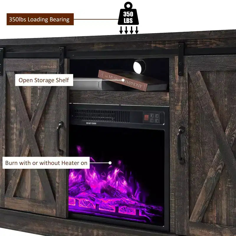 Meuble TV AMERLIFE avec cheminée et porte coulissante style grange pour téléviseurs jusqu'à 73 pouces, meuble de divertissement avec cheminée style ferme 63 pouces