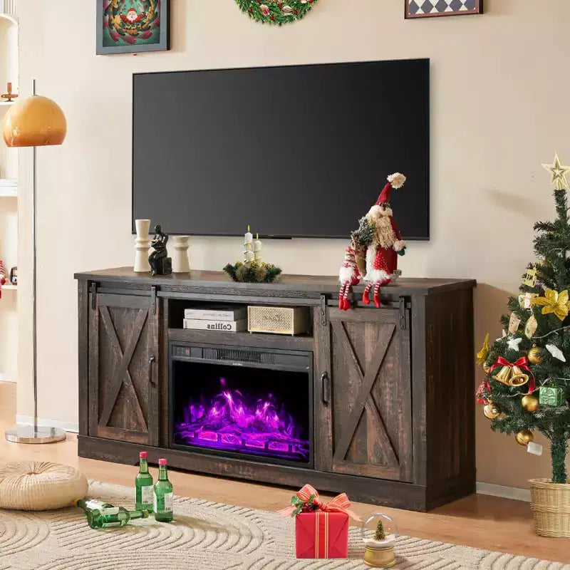 Meuble TV AMERLIFE avec cheminée et porte coulissante style grange pour téléviseurs jusqu'à 73 pouces, meuble de divertissement avec cheminée style ferme 63 pouces