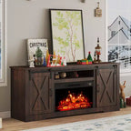 Meuble TV AMERLIFE avec cheminée et porte coulissante style grange pour téléviseurs jusqu'à 73 pouces, meuble de divertissement avec cheminée style ferme 63 pouces