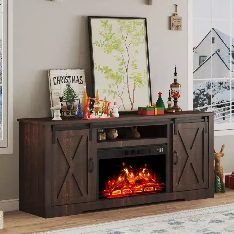 Meuble TV AMERLIFE avec cheminée et porte coulissante style grange pour téléviseurs jusqu'à 73 pouces, meuble de divertissement avec cheminée style ferme 63 pouces