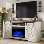 Meuble TV AMERLIFE avec cheminée et porte coulissante style grange pour téléviseurs jusqu'à 73 pouces, meuble de divertissement avec cheminée style ferme 63 pouces