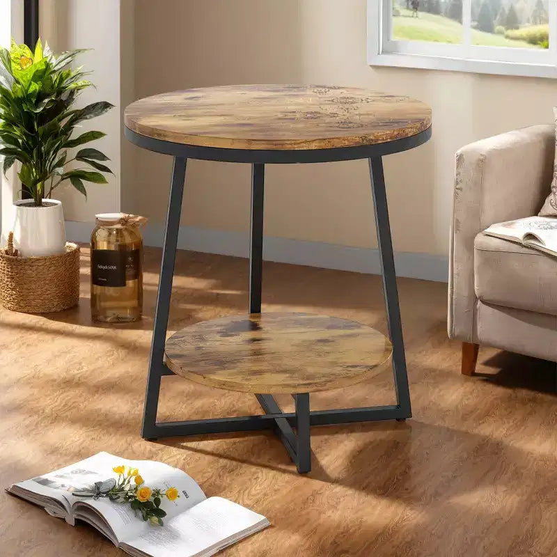 MAYEERTY Table d'appoint ronde à 2 niveaux, étagère ouverte, assemblage facile, pièces étiquetées, usage domestique
