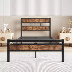 Cadre de lit plateforme CLIHOME avec tête de lit en bois rustique vintage, support à lattes métalliques solides, aucun sommier tapissier requis