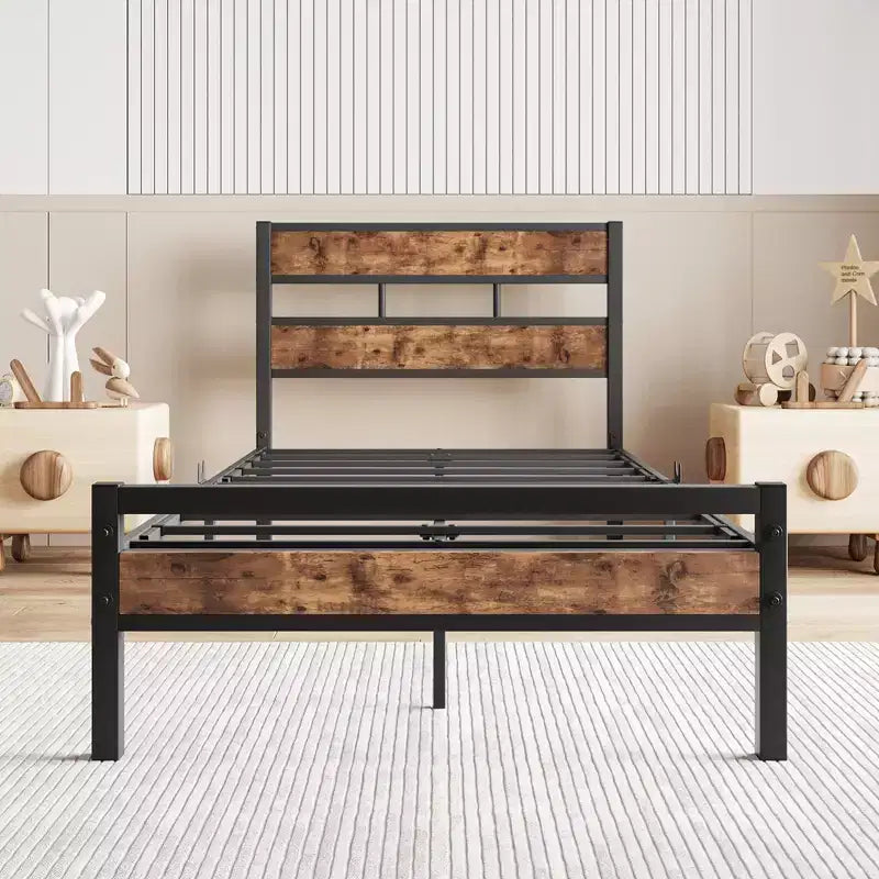 Cadre de lit plateforme CLIHOME avec tête de lit en bois rustique vintage, support à lattes métalliques solides, aucun sommier tapissier requis