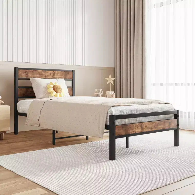 Cadre de lit plateforme CLIHOME avec tête de lit en bois rustique vintage, support à lattes métalliques solides, aucun sommier tapissier requis