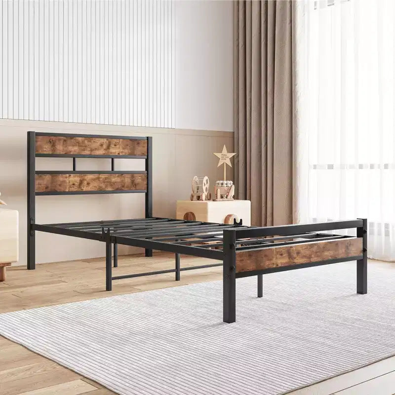 Cadre de lit plateforme CLIHOME avec tête de lit en bois rustique vintage, support à lattes métalliques solides, aucun sommier tapissier requis